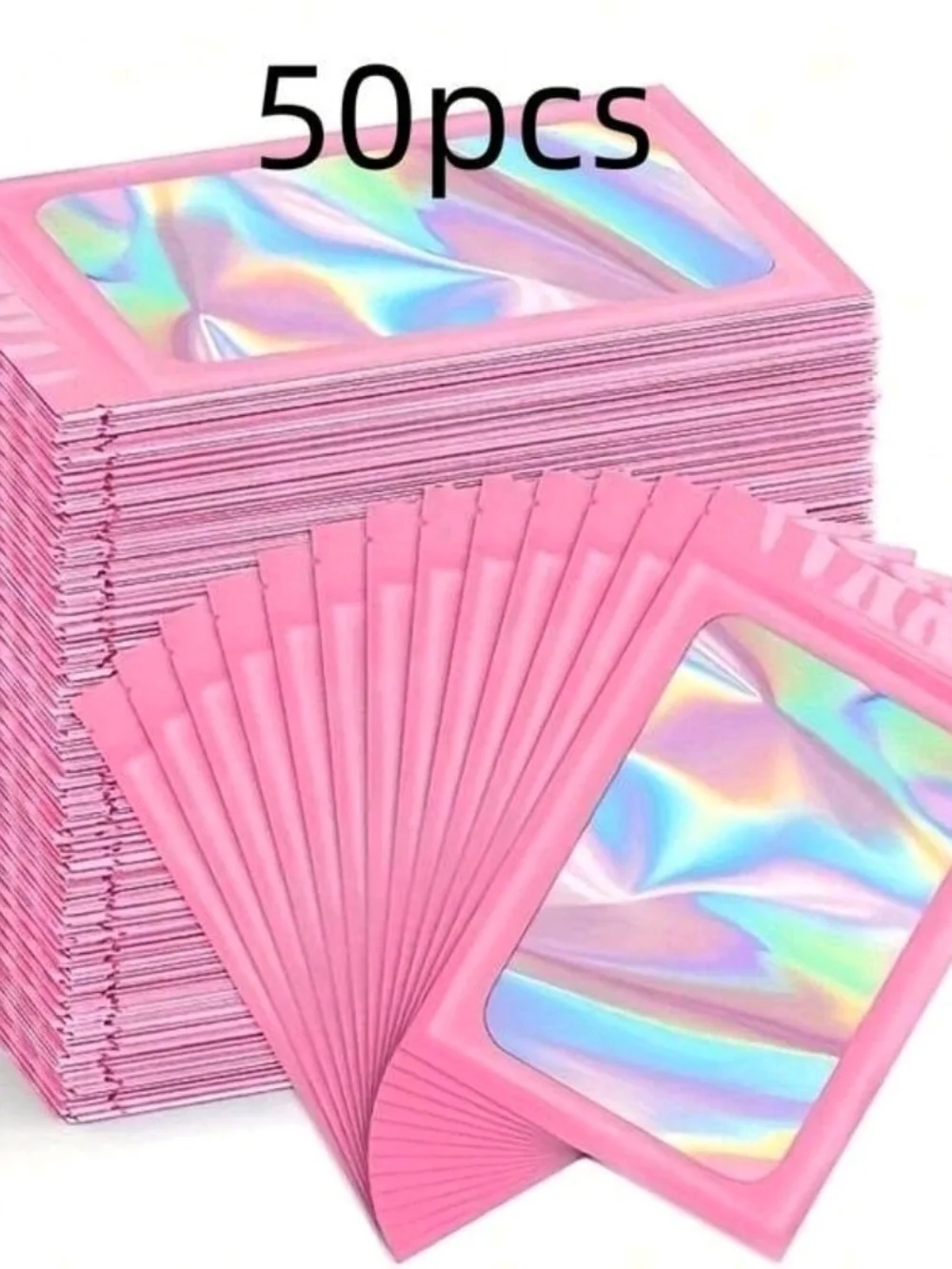 50 Pcs Pink Holographic Reusable Resealable Storage Pouches / Packaging Bags MED